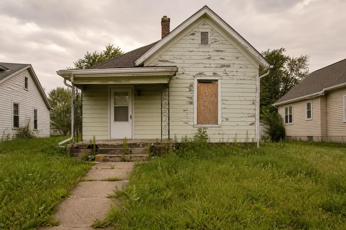 The exterior of a vacant single-family house with peeling paint, an overgrown lawn and — sell a condemned house — Cudahy, WI