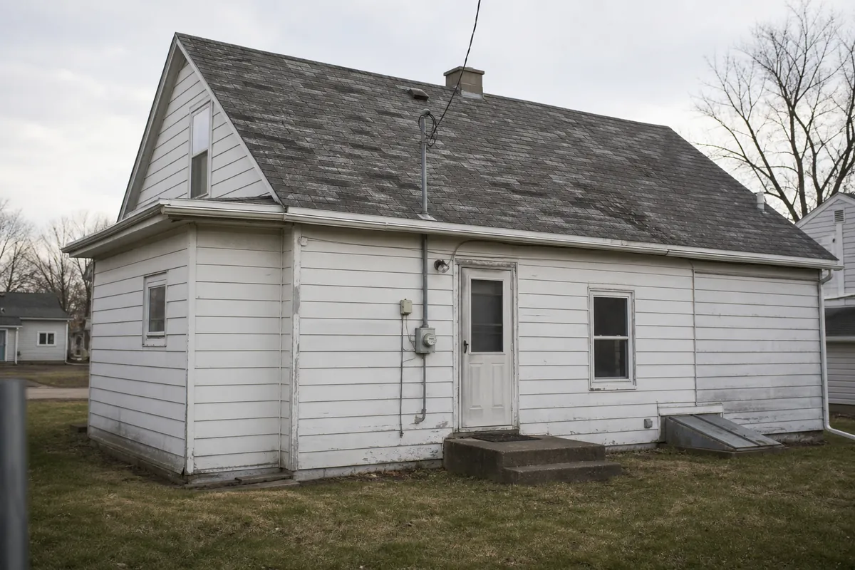 The rear elevation of a modest older house showing a weathered roof, aged siding — delinquent property taxes — Cudahy, WI