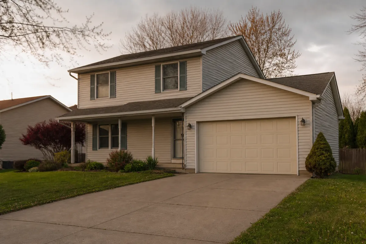 A late-1980s two-story suburban house with vinyl siding and a wide driveway — sell my house fast franklin — Cudahy, WI