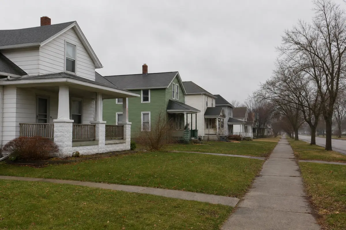 A residential street of modest older single-family homes and duplexes on a grey Midwestern day — we buy houses — Cudahy, WI