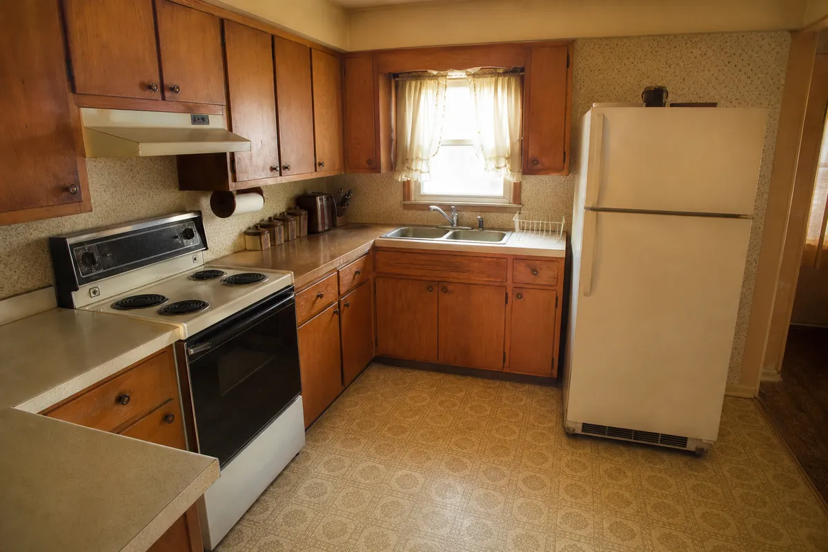An unmodernised residential kitchen with dated wood cabinets, worn laminate counters and — sell a house as is — Cudahy, WI