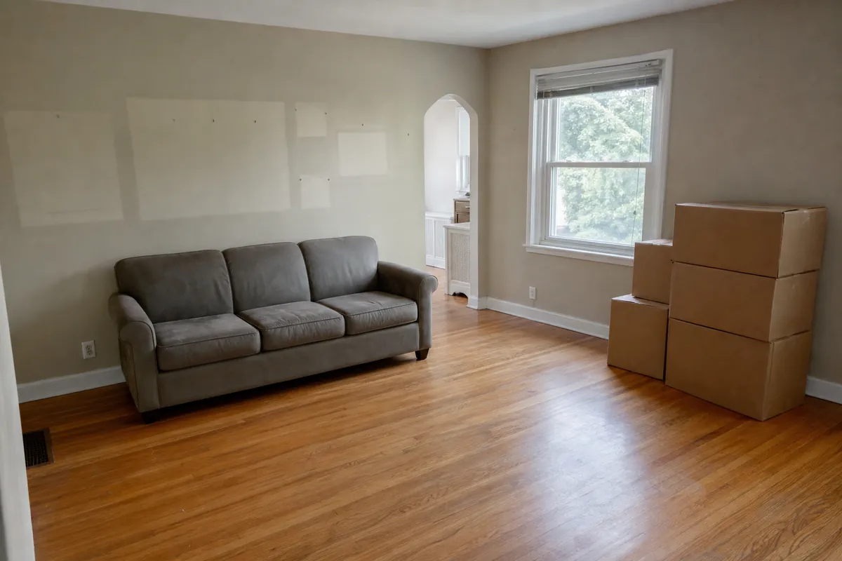 A partly emptied living room with a sofa, some belongings boxed and clear gaps — sell house during divorce — Cudahy, WI
