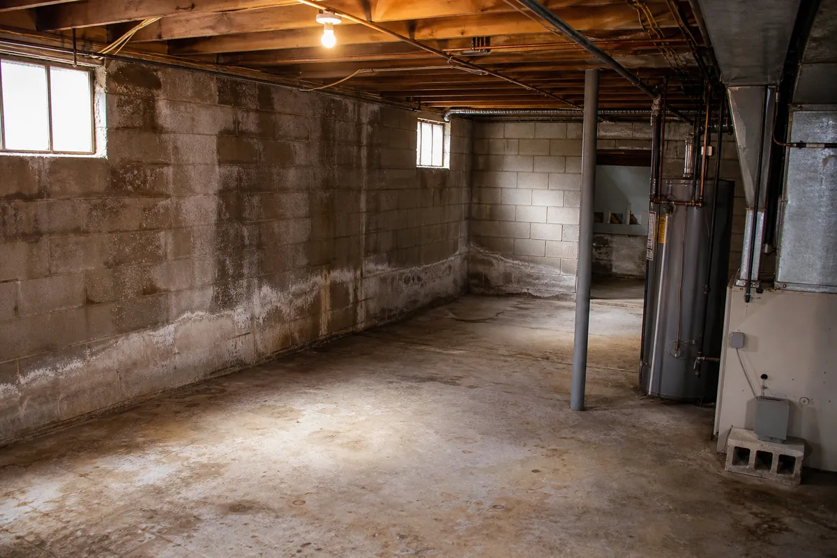 An unfinished residential basement with water staining along the base of a concrete — sell house in foreclosure — Cudahy, WI