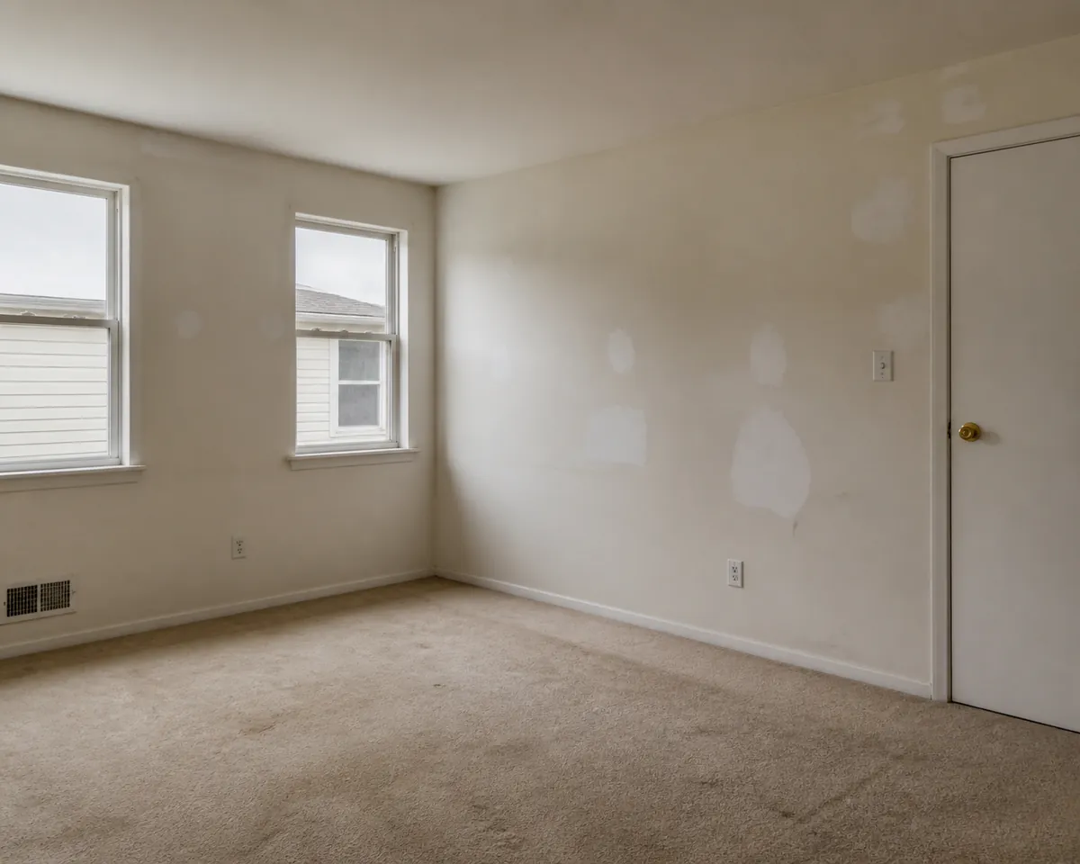 An empty rental unit with scuffed walls, worn carpet and bare windows between — sell house with renters — Cudahy, WI